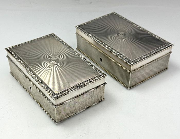 English antique silver pair of engine turned boxes lined with velvet